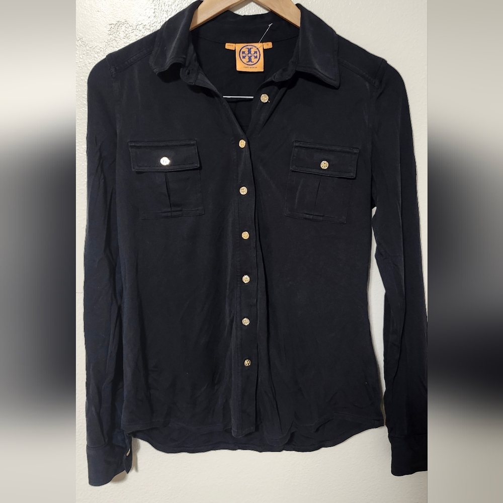 Tory Burch 100% Silk Black Button Down Blouse Long Sleeve | Gold Logo Buttons - Picture 2 of 6